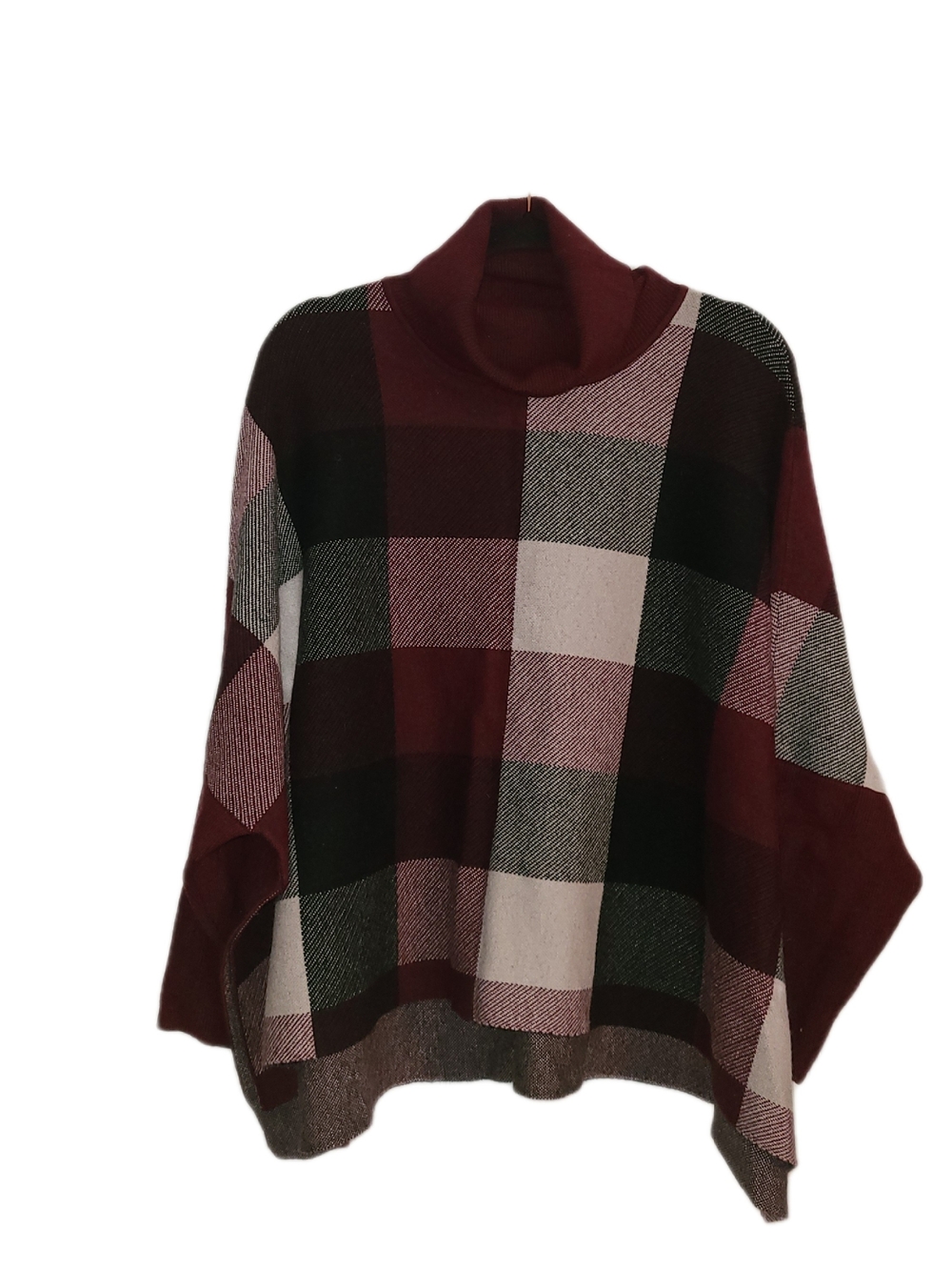 Zenana Outfitters Burgundy Plaid Cowl Neck Sweater Poncho NWOT - Picture 6 of 11